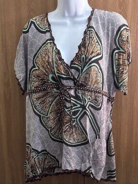 Moth Anthropologie Butterfly Print Lace Trim Tie Front Top Blouse Size L EUC